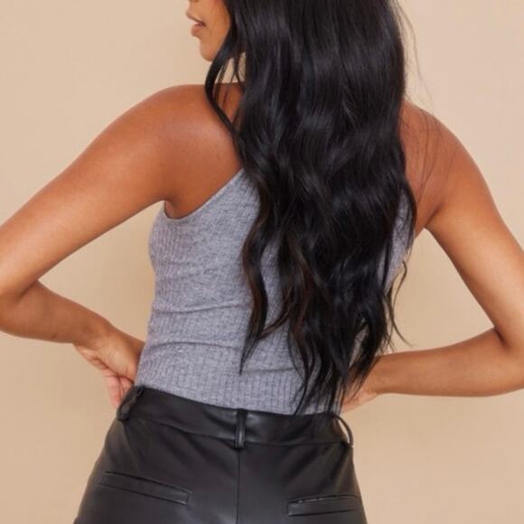 NWT PrettyLittleThing Tall Knitted Rib Cross Front Top Womens 10 Gray Minimalist - Picture 2 of 7